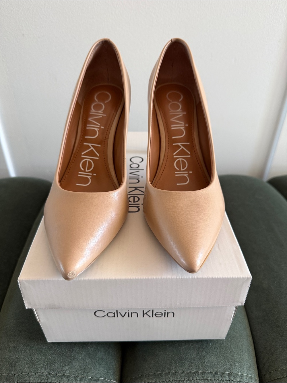 Calvin Klein Beige Pointed-Toe Leather Pumps